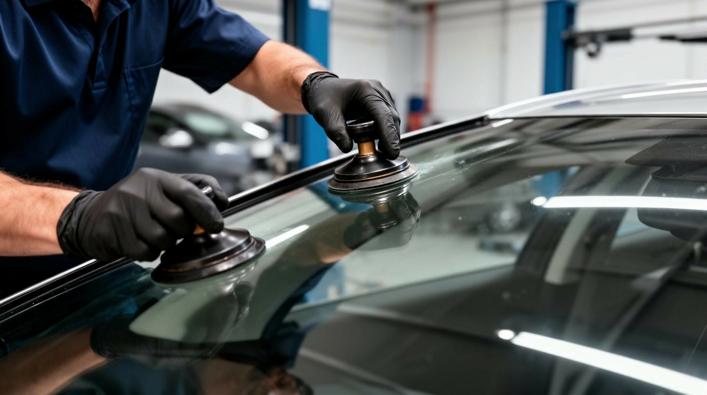 Mobile auto glass technician replacing a windshield in Fort McMurray